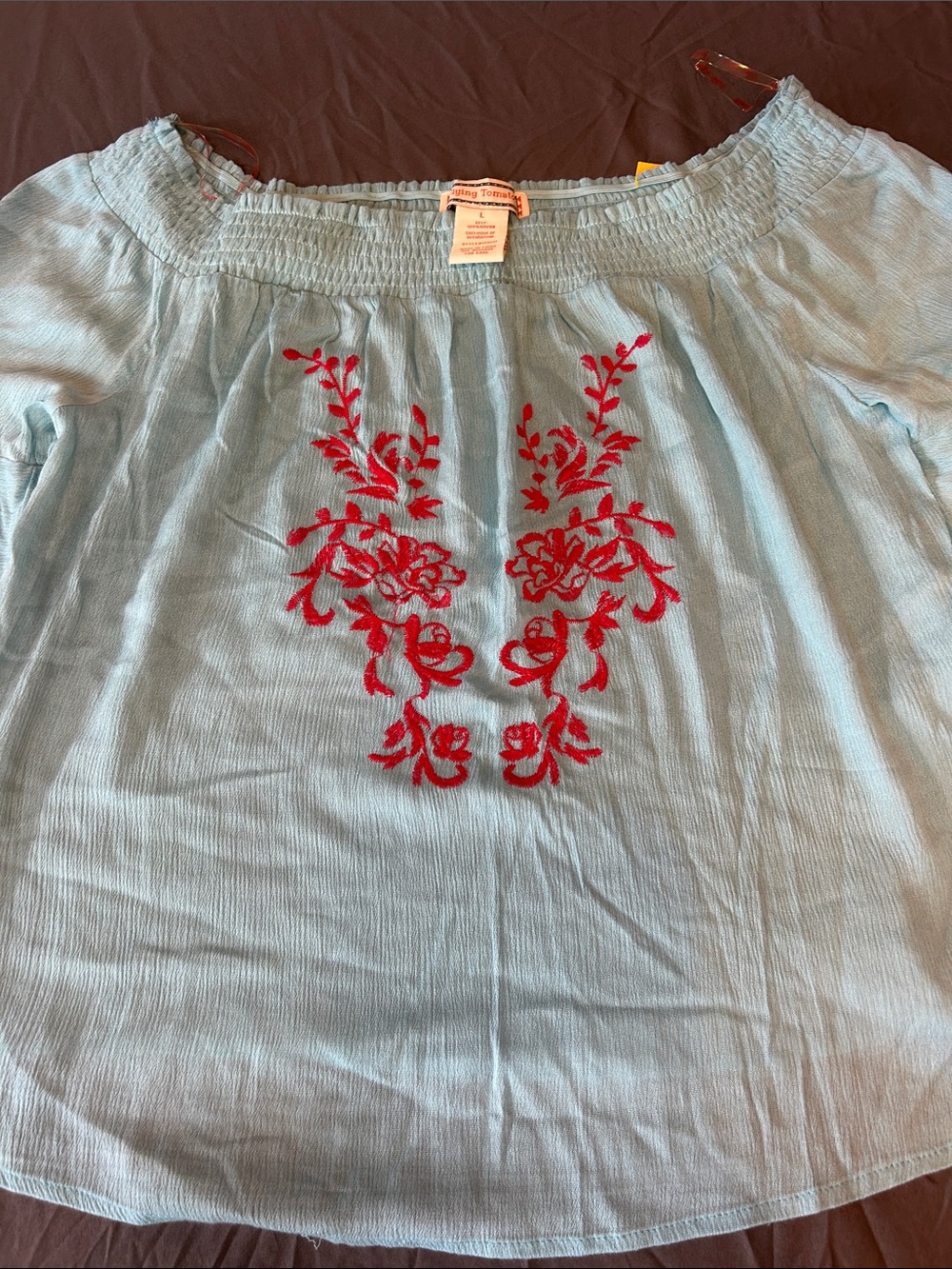 Flying Tomato Pale Blue Off-Shoulder Blouse with Red Floral Embroidery